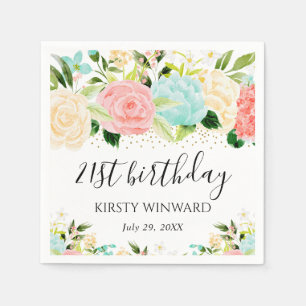 Serviette En Papier Fleurs rose et menthe aquarelle pour anniversaire