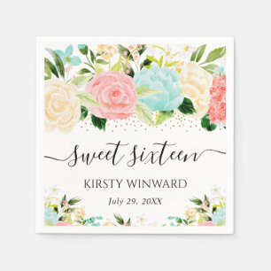 Serviette En Papier Fleurs rose et menthe aquarelle Sweet Sixteen