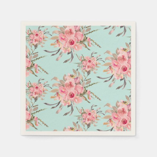 Serviette En Papier Fleurs rose pâle sur bleu clair (Devant)