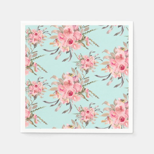 Serviette En Papier Fleurs rose pâle sur bleu clair (Devant)