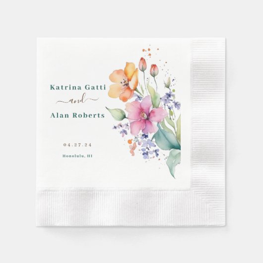 Serviette en papier Fleurs rose pêche jaune (Devant)