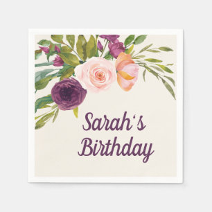 Serviette En Papier Fleurs rose poudré et bordeaux pour anniversaire p