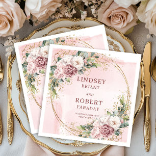 Serviette En Papier Fleurs Rose Poussiéreux Paillettes Dorées Mariage 