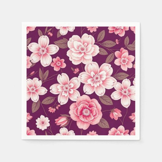 Serviette En Papier Fleurs rose vif motif sur violet (Devant)