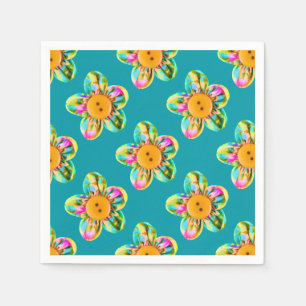 Serviette En Papier Fleurs rose, violet, jaune sur cyan foncé