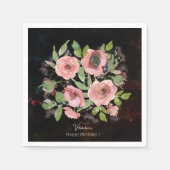 Serviette En Papier Fleurs roses à l'aquarelle sur fond noir (Devant)