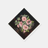 Serviette En Papier Fleurs roses à l'aquarelle sur fond noir (Coin)