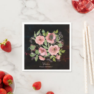 Serviette En Papier Fleurs roses aquarelle sur fond noir
