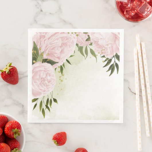 Serviette En Papier Fleurs roses boho feuilles vertes botanique (En situation)