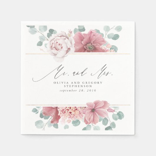 Serviette En Papier Fleurs Roses Dusty Elegant Botanical Mr et Mrs. (Devant)
