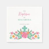 Serviette En Papier Fleurs roses et aqua avec croix bébé fille Baptême (Devant)