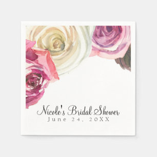 Serviette En Papier Fleurs roses et blanches à l'aquarelle Mariage chi
