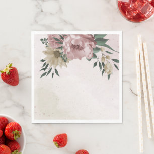 Serviette En Papier fleurs roses et champagne et feuilles verts