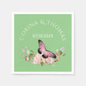 Serviette En Papier Fleurs roses et papillon sur Mariage vert (Devant)