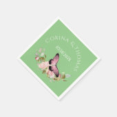 Serviette En Papier Fleurs roses et papillon sur Mariage vert (Coin)