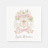 Serviette En Papier Fleurs roses Fairytale Crest et Croix | Baptême (Devant)