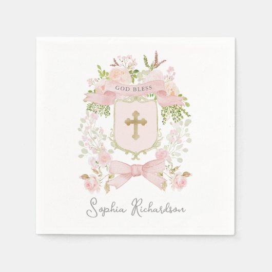 Serviette En Papier Fleurs roses Fairytale Crest et Croix | Baptême (Devant)