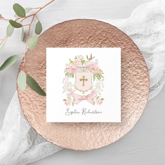 Serviette En Papier Fleurs roses Fairytale Crest et Croix | Baptême