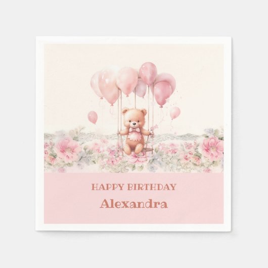 Serviette En Papier Fleurs roses fille mignonne Teddy fête d'anniversa (Devant)