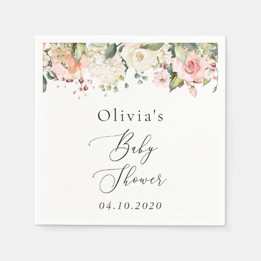 Serviette En Papier Fleurs roses, Fleurs blanches, Boho, Baby shower (Devant)