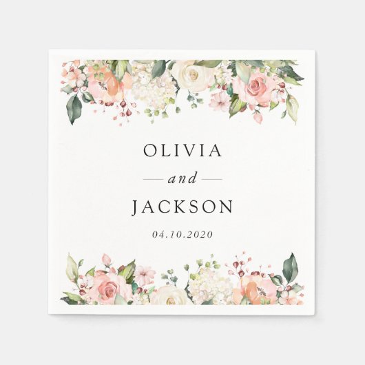 Serviette En Papier Fleurs roses, Fleurs blanches, Verdure, Mariage (Devant)