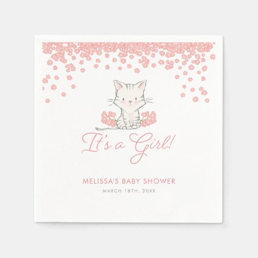 Serviette En Papier Fleurs roses Kitten Baby shower fille (Devant)