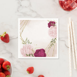 Serviette En Papier fleurs roses magenta verdure mariage