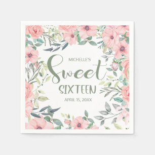 Serviette En Papier Fleurs roses pâles Sweet 16 Feuilles vert sauge