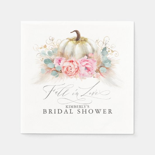 Serviette En Papier Fleurs roses Pampas Grass et Citrouille blanc (Devant)
