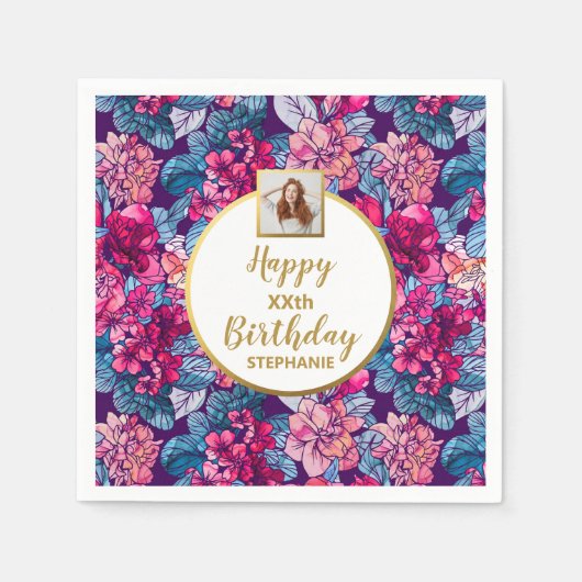 Serviette En Papier Fleurs roses, photo, tout âge, anniversaire person (Devant)
