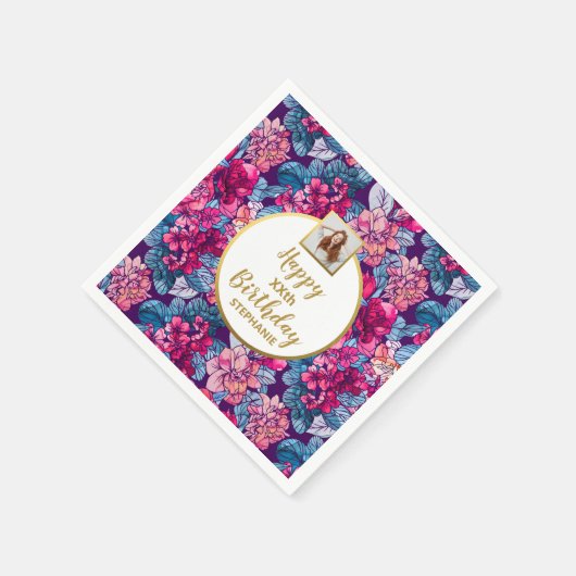 Serviette En Papier Fleurs roses, photo, tout âge, anniversaire person (Coin)