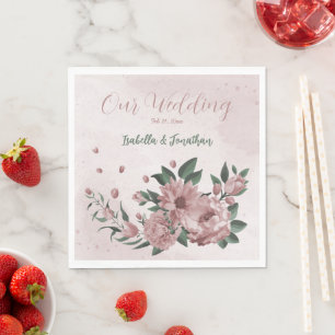 Serviette En Papier fleurs roses romantiques & feuilles vertes