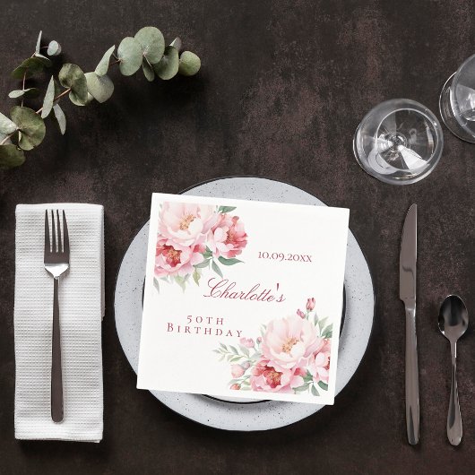 Serviette En Papier Fleurs roses roses rose élégant anniversaire