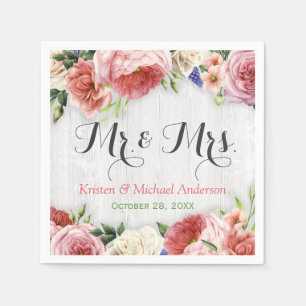 Serviette En Papier Fleurs Roses rustiques Mariage en bois blanc Monog