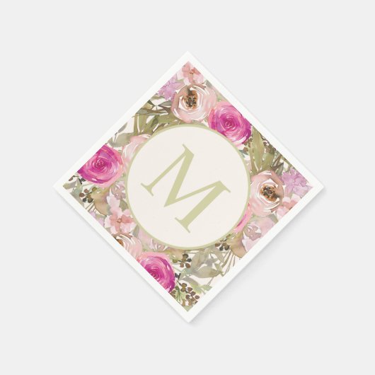 Serviette En Papier Fleurs roses Sage Vert Feuilles Monogramme initial (Coin)