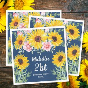 Serviette En Papier Fleurs roses soleil bleu marine 21e anniversaire
