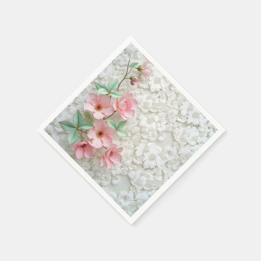 Serviette En Papier Fleurs Roses Sur Dentelle Bridale Blanche (Coin)