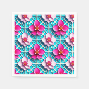 Serviette En Papier Fleurs roses sur fond bleu géométrique