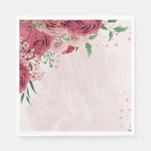 Serviette En Papier fleurs roses vert feuille mariage (Devant)