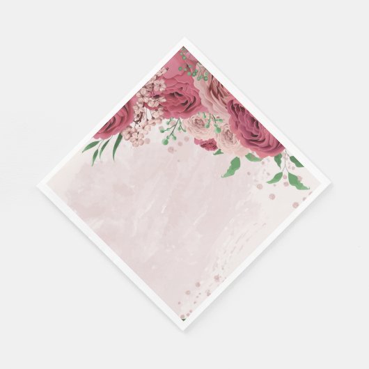 Serviette En Papier fleurs roses vert feuille mariage (Coin)