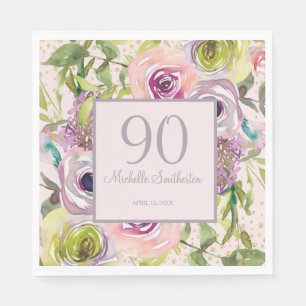 Serviette En Papier Fleurs roses violettes Paillettes dorées 90e anniv