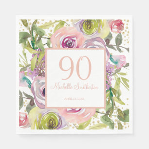 Serviette En Papier Fleurs roses violettes Paillettes dorées 90e anniv
