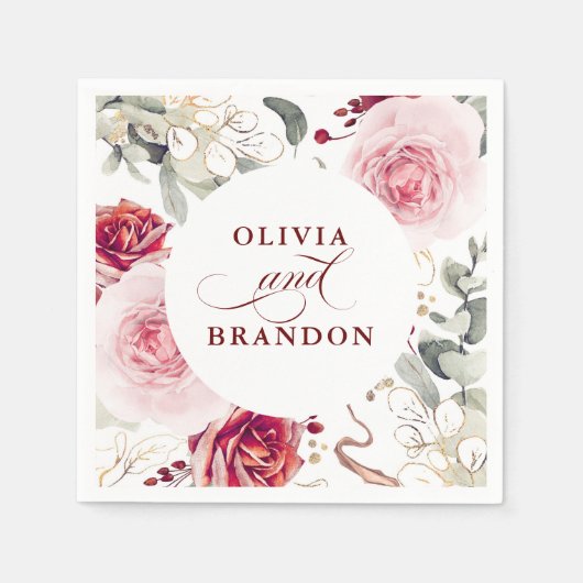 Serviette En Papier Fleurs rouges bordeaux Élégant Mariage Boho (Devant)
