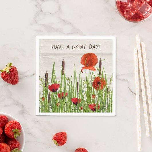 Serviette En Papier fleurs rouges de pavot et cattons (En situation)