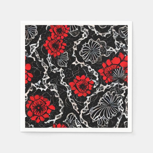 Serviette En Papier Fleurs rouges et dentelle noire Motif sans couture (Devant)