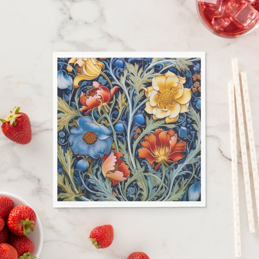 Serviette En Papier Fleurs rouges jaunes bleues William Morris Style (En situation)