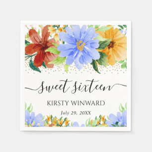 Serviette En Papier Fleurs rouges jaunes et bleues Sweet Sixteen