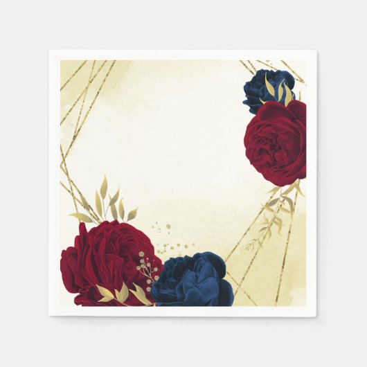 Serviette En Papier fleurs rouges marine or feuille mariage (Devant)