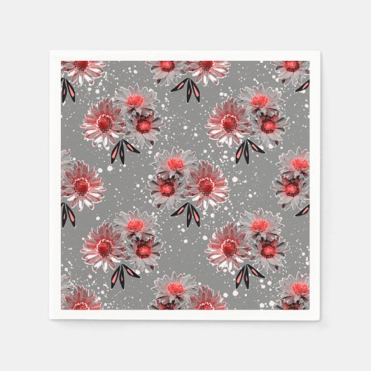 Serviette En Papier Fleurs rouges sur gris (Devant)