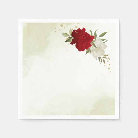 Serviette En Papier fleurs rouges vert feuille mariage (Devant)